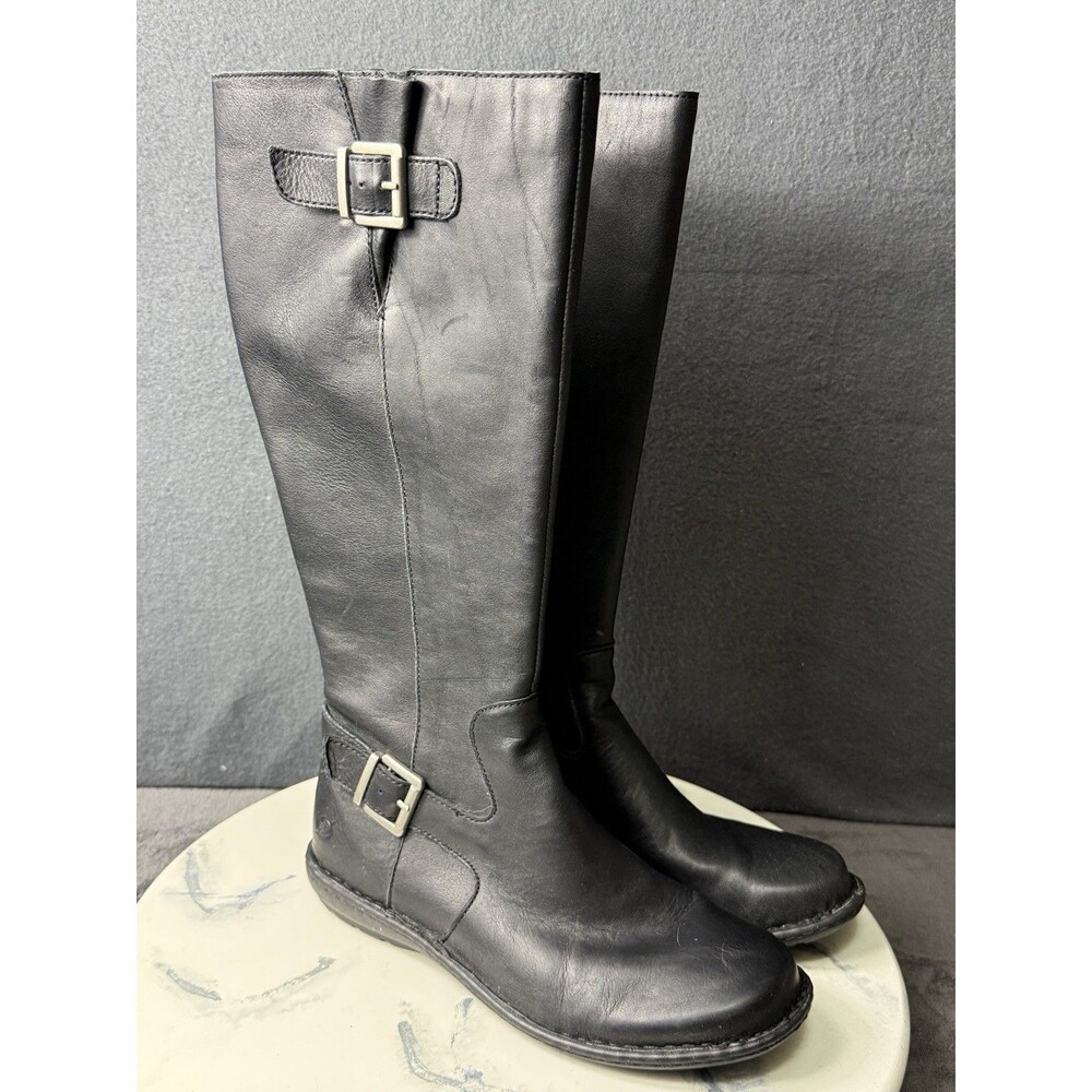 Born Womens Joly Black Leather Knee High Riding Boots Size 7.5 M Low Block Heel